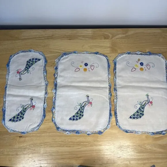 VTG Embroidered White Dresser Scarf Table Peacock Bird Flowers 39x14 Set Of 4 - Picture 4 of 16